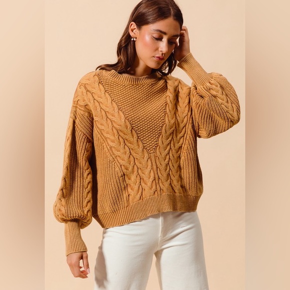 NWT So Me Camel Brown Mineral Washed Cable Knit Ribbed Boho Bubble Sweater XL - Picture 4 of 7